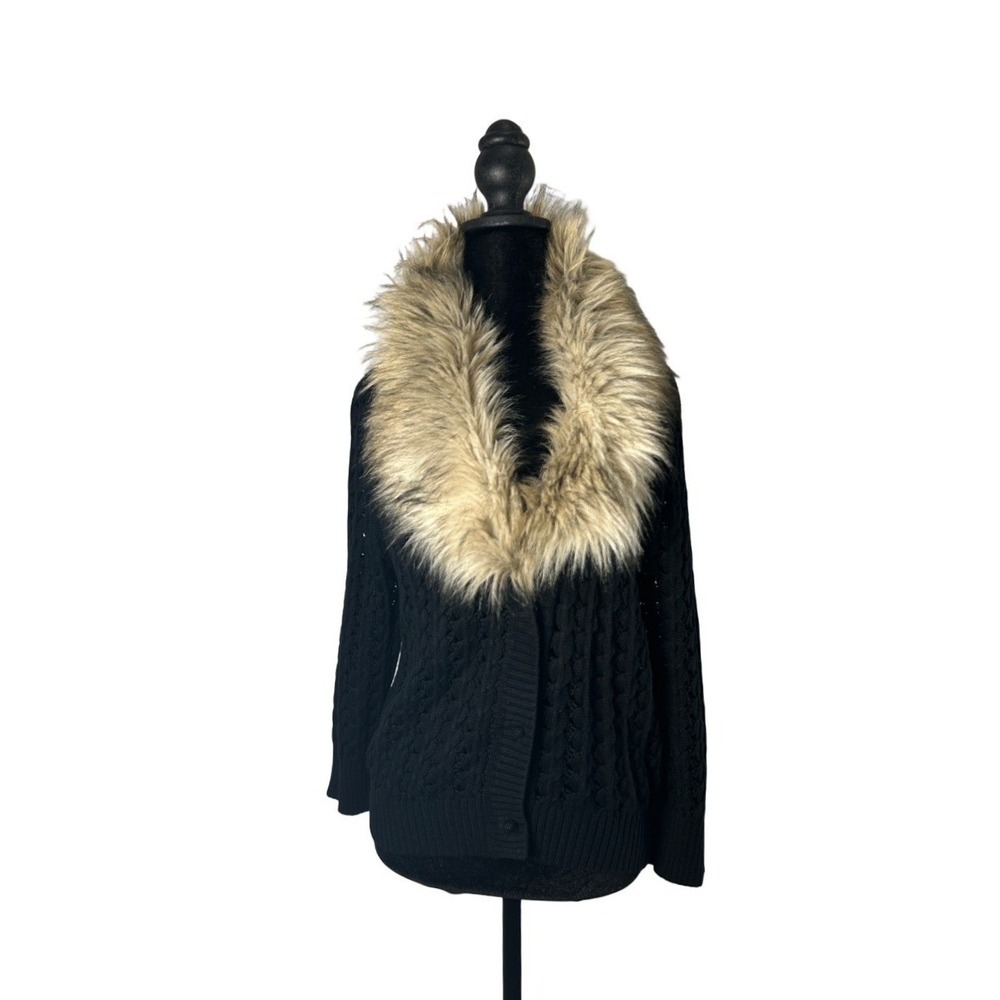 Vintage Y2K Juicy Couture Black Faux Fur Collar Cardigan Women's XL
